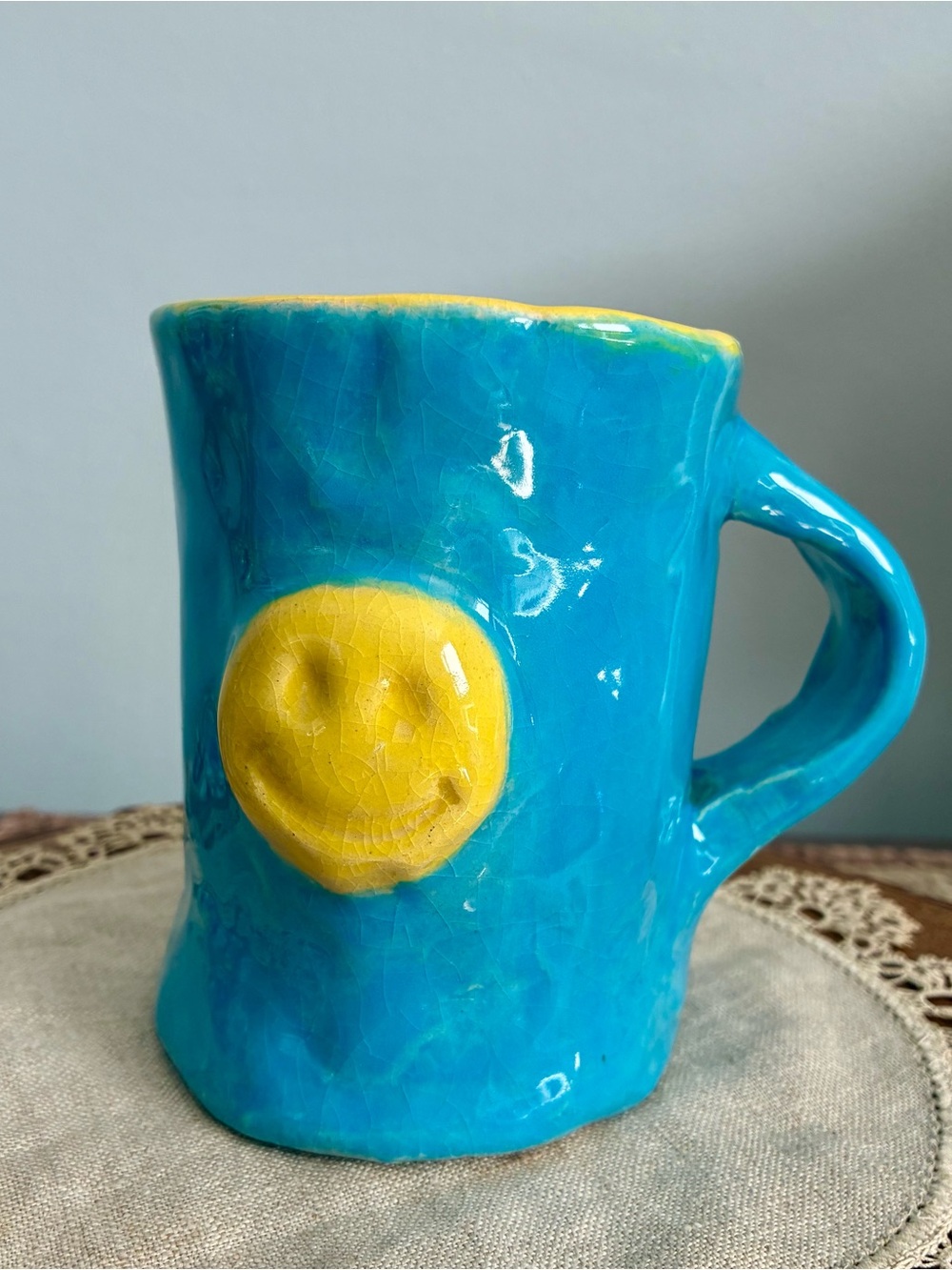 Handmade Ceramic Smiley Face Mug Stamped EB 12oz